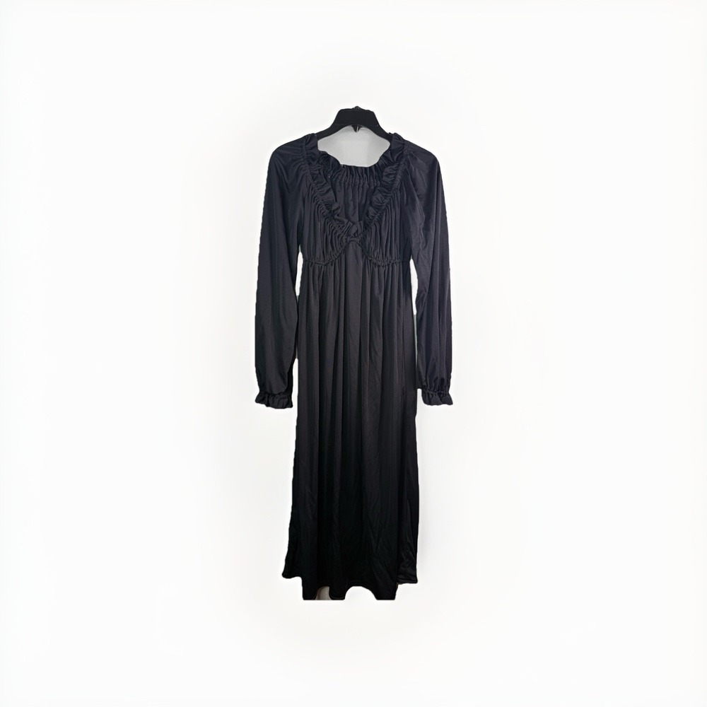 Vtg Black Midi Dress Ruffles Ruched Bodice By Robert David Morton‎ Off Shoulder